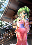  Score: 40 Tags: blue eyes,blush,girl,green hair,japanese clothes,karasu10gu,kimono,kochiya sanae,long hair,obi,open mouth,ponytail,snowflake (snowflakes),tall image,touhou,tree (trees)