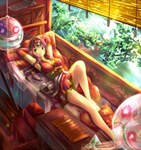  Score: 44 Tags: girl,green eyes,hair ornament,legs,long hair,looking at viewer,lying,original,plant (plants),purple hair,sakura ani,single,tall image,traditional clothes