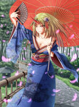  Score: 9 Tags: blonde hair,fan,girl,hair ornament,horn (horns),hoshiguma yuugi,kimono,light erotic,long hair,petals,pijirion,red eyes,single,tall image,touhou,tree (trees),umbrella