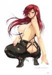  Score: 61 Tags: ass,blue eyes,breasts,earrings,girl,happoubi jin,inscription,large breasts,light erotic,long hair,looking back,nail polish,no bra,no panties,pants,red hair,scan,simple background,solo,tall image,white