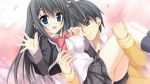  Tags: black hair,blue eyes,blush,bowtie,game cg,girl,hatsuyuki sakura,long hair,male,open mouth,school uniform,shinonome nozumu,skirt,wide image