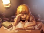  Score: 27 Tags: blonde hair,blush,book (books),chair,dress,feather (feathers),girl,green eyes,guang yiren,hair ribbon,kirisame marisa,lamp,long hair,no hat,open mouth,reading,ribbon (ribbons),single,sitting,table,touhou