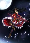  Tags: black hair,blue eyes,dress,dual wield,fi-san (forbiddenimmortality),full moon,heterochromia,huge sword,huge weapon,long hair,male,moon,night,night sky,original,pantyhose,pink eyes,single,smile,tall image,trap,weapon