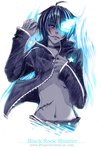  Tags: black hair,black rock shooter,black rock shooter (character),blue eyes,blush,collar,flame,genderswap,glowing eye (eyes),inscription,jacket,long sleeves,looking at viewer,male,navel,open jacket,projectgreencat (deviantart),scar,short hair,simple background,single,standing,star (stars),tall image,text,white