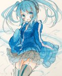  Score: 9 Tags: black thighhighs,blue eyes,blue hair,blush,ene (kagerou project),fina (sa47rin5),girl,headphones,kagerou project,long hair,long sleeves,looking away,open mouth,single,tall image,thighhighs,traditional media,twintails,watercolor,white