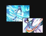  Tags:  blue hair cloak eyes closed from behind headphones kaito kamui gakupo katana kimono long hair looking back male multiview purple hair scarf short hair sword vocaloid 