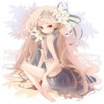  Score: 83 Tags: barefoot,bikini top,breasts,flower (flowers),girl,hair flower,light erotic,megurine luka,orange eyes,pink hair,plastick (artist),sitting,skirt,smile,solo,very long hair,vocaloid