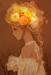  Score: 126 Tags: bare shoulders,beads,braid (braids),branch,brown eyes,brown hair,choker,flower (flowers),girl,glowing,hair ornament,leaf (leaves),long hair,original,profile,romiy,single,single braid,tall image