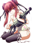  Score: 16 Tags: black thighhighs,girl,gun,hair ribbon,light erotic,long hair,moneti (daifuku),original,pink eyes,red hair,simple background,solo,tall image,twintails,weapon,white
