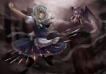  Score: 18 Tags: 2girls,black thighhighs,bonnet,dress,girl,izayoi sakuya,knife,maid,maid headdress,purple hair,red eyes,remilia scarlet,short hair,silver hair,touhou,twin braids,vetina,wings