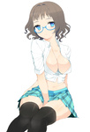  Score: 36 Tags: black hair,black thighhighs,blue eyes,breasts,donacoo,girl,glasses,light erotic,miniskirt,open shirt,original,short hair,simple background,sitting,solo,tall image,white