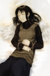 Tags: black hair,eyes closed,girl,haibane renmei,halo,highres,long hair,reki,simple background,solo,tall image,vest,wings Tags: black hair,eyes closed,girl,haibane renmei,halo,highres,long hair,reki,simple background,solo,tall image,vest,wings