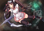  Score: 63 Tags: absurdres,akimbo kimochi (artist),apron,black socks,black thighhighs,boots,brown eyes,brown hair,girl,highres,inscription,long hair,looking at viewer,original,single,twintails,weapon