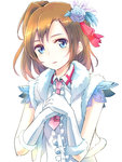 Score: 135 Tags: blue eyes,brown hair,dress,flower (flowers),fringe,fur,girl,gloves,hair flower,hair ornament,looking away,love live! school idol project,minato (shouno),necktie,ribbon (ribbons),rose (roses),shirt,short hair,simple background,single,tall image,white,white gloves