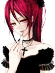  Score: 36 Tags: blush,choker,cross,eyeshadow,feather (feathers),fork,girl,gothic,hair ornament,lace,lips,long nails,memai,original,pink eyes,ponytail,puffy sleeves,red hair,single,tall image