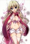  Score: 116 Tags: bikini top,blonde hair,blue eyes,blush,breasts,cleavage,ecchi,girl,highres,karory,light erotic,long hair,nail polish,panties,pendant,scan,scarf,single,snowflake (snowflakes),tall image,thighhighs,twintails,white