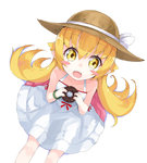  Tags: bakemonogatari,blonde hair,blush,bracelet,doughnut,dress,fang (fangs),from above,girl,hat,highres,kou mashiro,long hair,looking at viewer,looking up,monogatari (series),open mouth,oshino shinobu,pointy ears,simple background,single,sitting,sundress,tall image,white,yellow eyes