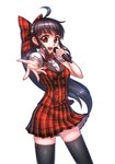  Tags: ahoge,black hair,black thighhighs,bow,dress,girl,hair bow,long hair,looking at viewer,microphone,open mouth,original,ponytail,qingmingtongzi,red eyes,simple background,single,tall image,thighhighs,white