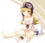  Score: 36 Tags: bakemonogatari,barefoot,bare shoulders,blonde hair,blush,doughnut,flat chest,food,girl,glass,goggles,helmet,ichi makoto (artist),long hair,monogatari (series),off shoulder,oshino shinobu,paper bag,red eyes,shadow,simple background,sitting,soles,solo,sundress