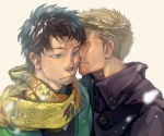  Score: 27 Tags: 2boys,almost kiss,black eyes,black hair,blonde hair,button,dual persona,eyes closed,jacket,kaimyo shinshi,looking away,male,original,scarf,short hair,shounen ai,simple background,snow,white