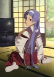 Score: 9 Tags: absurdres,blue hair,girl,hairband,highres,kannagi,long hair,looking back,miko,nagi,purple eyes,scan,single,tall image,traditional clothes