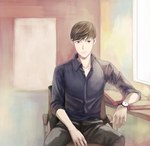  Score: 9 Tags: book (books),brown eyes,brown hair,male,open collar,original,short hair,single,sitting,uga (artist),watch,window