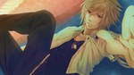  Score: 45 Tags: blonde hair,bracelet,grass,highres,hiiro no kakera,lying,male,pants,pendant,red eyes,short hair,solo,sunset,wide image