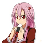  Score: 24 Tags: eating,food,girl,guilty crown,hair ornament,kueru (artist),long hair,pink hair,red eyes,seifuku,simple background,solo,yuzuriha inori