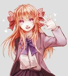  Tags: 199993,bow,fringe,gekkan shoujo nozaki-kun,girl,grey,hair bow,long hair,open mouth,orange hair,polka dot,purple eyes,sakura chiyo,school uniform,simple background,single,tall image,uniform