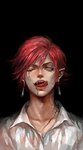  Score: 18 Tags: black,blue eyes,earrings,fang (fangs),looking at viewer,male,open collar,open mouth,original,pixiv id 1782184,pointy ears,red hair,scar,shirt,short hair,simple background,single,stitches,tall image,tongue,wink