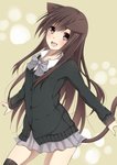  Tags: animal ears,animal tail,black hair,blush,brown eyes,cat ears,cat tail,girl,long hair,looking at viewer,open mouth,original,school uniform,single,skirt,sweater,tail,tall image,uniform,yamasuta