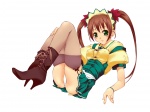  Score: 30 Tags: blush,boots,bracelet,brown hair,fism,girl,green eyes,lacing,light erotic,long hair,looking at viewer,murakami suigun (artist),original,panties,pantyshot,pantyshot sitting,simple background,thighhighs,twintails,underwear,waitress,white