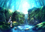  Tags: barefoot,black hair,eyes closed,forest,girl,highres,japanese clothes,kimono,long hair,plant (plants),river,single,sitting,sunakumo (artist),traditional clothes,tree (trees),waterfall