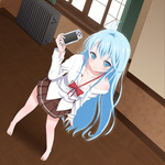  Score: 36 Tags: barefoot,bare shoulders,blue eyes,blue hair,blush,bowtie,denpa onna to seishun otoko,girl,long hair,looking at viewer,no shoes,ohn shiden (artist),psp,school uniform,skirt,smile,solo,touwa erio,window