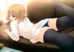  Score: 54 Tags: absurdres,black thighhighs,blonde hair,blue eyes,coffee-kizoku,cookie (cookies),girl,highres,light erotic,lying,original,pantyshot,shirt,short hair,single,sofa