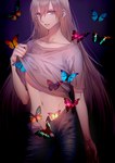  Score: 165 Tags: androgynous,blonde hair,blue eyes,butterfly,dark,girl,highres,light erotic,long hair,looking at viewer,navel,open mouth,open pants,original,shirt,single,tall image,tayuya1130