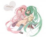  Score: 9 Tags: 2girls,blue eyes,boots,green eyes,green hair,hatsune miku,heart,hug,inscription,long hair,megurine luka,nagi kanami,open mouth,pink hair,simple background,sitting,twintails,vocaloid,white