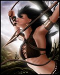  Score: 36 Tags: black hair,branch,earrings,eyes closed,gerald jelitto (artist),girl,light,lips,long hair,midriff,navel,original,realistic,spear,tall image,tattoo,weapon