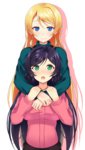  Score: 9 Tags: 2girls,ayase eli,blonde hair,blue eyes,blush,girls,green eyes,hug,long hair,looking at viewer,love live! school idol project,open mouth,ponkotsu (ayarosu),purple hair,shoujo ai,smile,tall image,toujou nozomi,transparent background