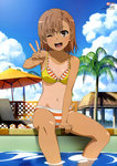  Score: 81 Tags: absurdres,bare shoulders,blush,brown eyes,brown hair,cloud (clouds),fujii masahiro,girl,highres,light erotic,misaka mikoto,nyantype,official art,open mouth,palm tree,parasol,single,sitting,sky,smile,striped,striped bikini,tall image,tan,tan lines,to aru kagaku no railgun,to aru majutsu no index,victory,water,wink