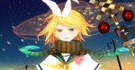  Tags: blonde hair,blush,close,girl,green eyes,hairband,hairclip,kagamine rin,miyake achi,open mouth,road sign,scarf,short hair,sky,solo,star (stars),vocaloid,wide image