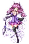  Tags: animal ears,animal tail,black thighhighs,dress,elbow gloves,girl,green eyes,long hair,open mouth,original,purple hair,shitou (artist),simple background,solo,spear,tall image,thigh boots,weapon,white