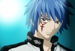  Score: 9 Tags: blue hair,choker,face paint,facial mark,fairy tail,gerard fernandes,grey eyes,light,male,portrait,short hair,simple background,solo,tattoo