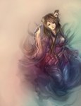  Score: 89 Tags: brown,brown eyes,brown hair,closed fan,dress,girl,hair ornament,highres,long hair,looking at viewer,mumi,original,single,tall image