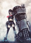  Tags: bare belly,blackball (artist),black hair,black thighhighs,blue eyes,girl,long hair,looking at viewer,mechanical,mechanical arms,mechanical parts,navel,original,seifuku,single,skirt,smoke,tall image,thighhighs,uniform,wind