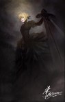  Score: 44 Tags: black dress,blonde hair,blue eyes,dress,fate (series),fate/stay night,from below,girl,hair ribbon,highres,huge sword,lalaax,lips,rain,saber,short hair,signed,solo,sword,tall image,weapon
