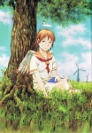  Tags: brown eyes,brown hair,butterfly,cloud (clouds),girl,grass,haibane renmei,halo,highres,rakka,short hair,solo,tall image,tree (trees),wings