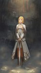 Tags: blonde hair,blue eyes,boots,braid (braids),cape,dress,fantasy,fog,fringe,girl,gloves,lensa,long hair,original,pantyhose,single,sword,tall image,twin braids,weapon