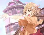  Tags: blonde hair,blush,brown eyes,girl,hair ornament,hanasaku iroha,matsumae ohana,open mouth,petals,short hair,solo,traditional clothes,window