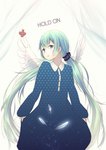 Tags: aqua eyes,aqua hair,dress,feather (feathers),girl,hatsune miku,inscription,looking away,oki (koi0koi),single,tall image,twintails,very long hair,vocaloid,white,wings